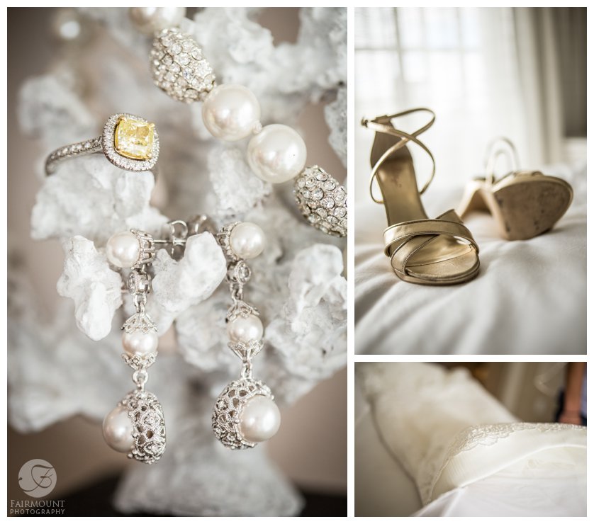 wedding jewelry and gold wedding shoes in the bridal suite at boutique hotel in Stone Harbor