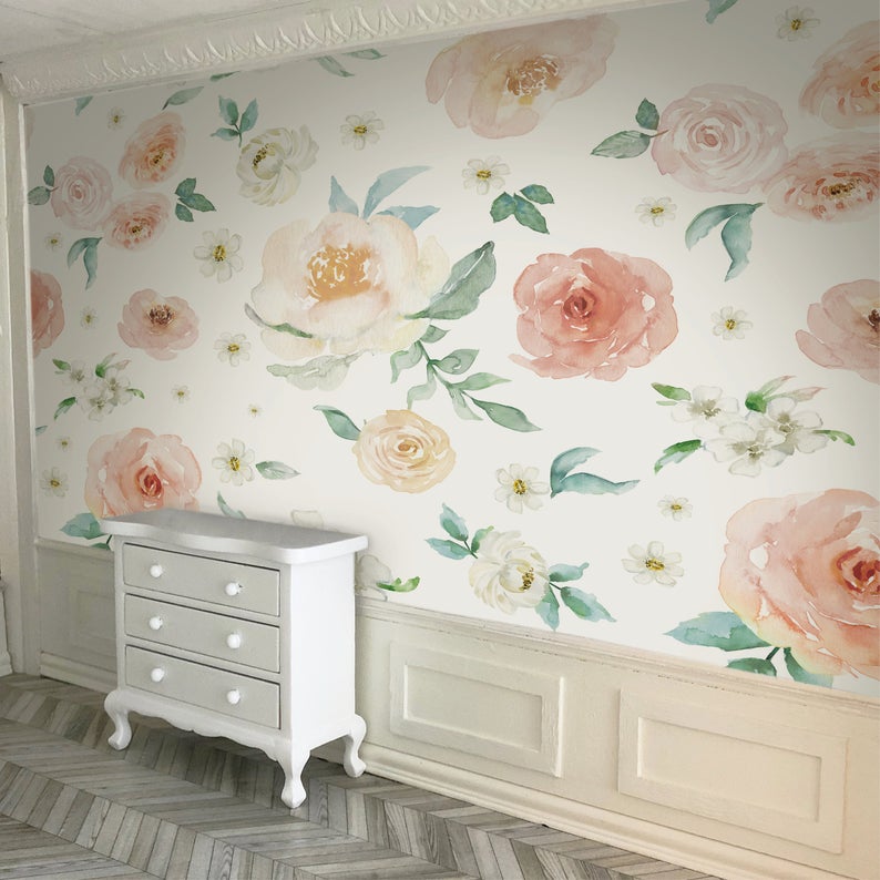 half scale wallpaper greenwhite floral wallpaper pastel colours. dollhouse miniature wallpaper 1:24 scale