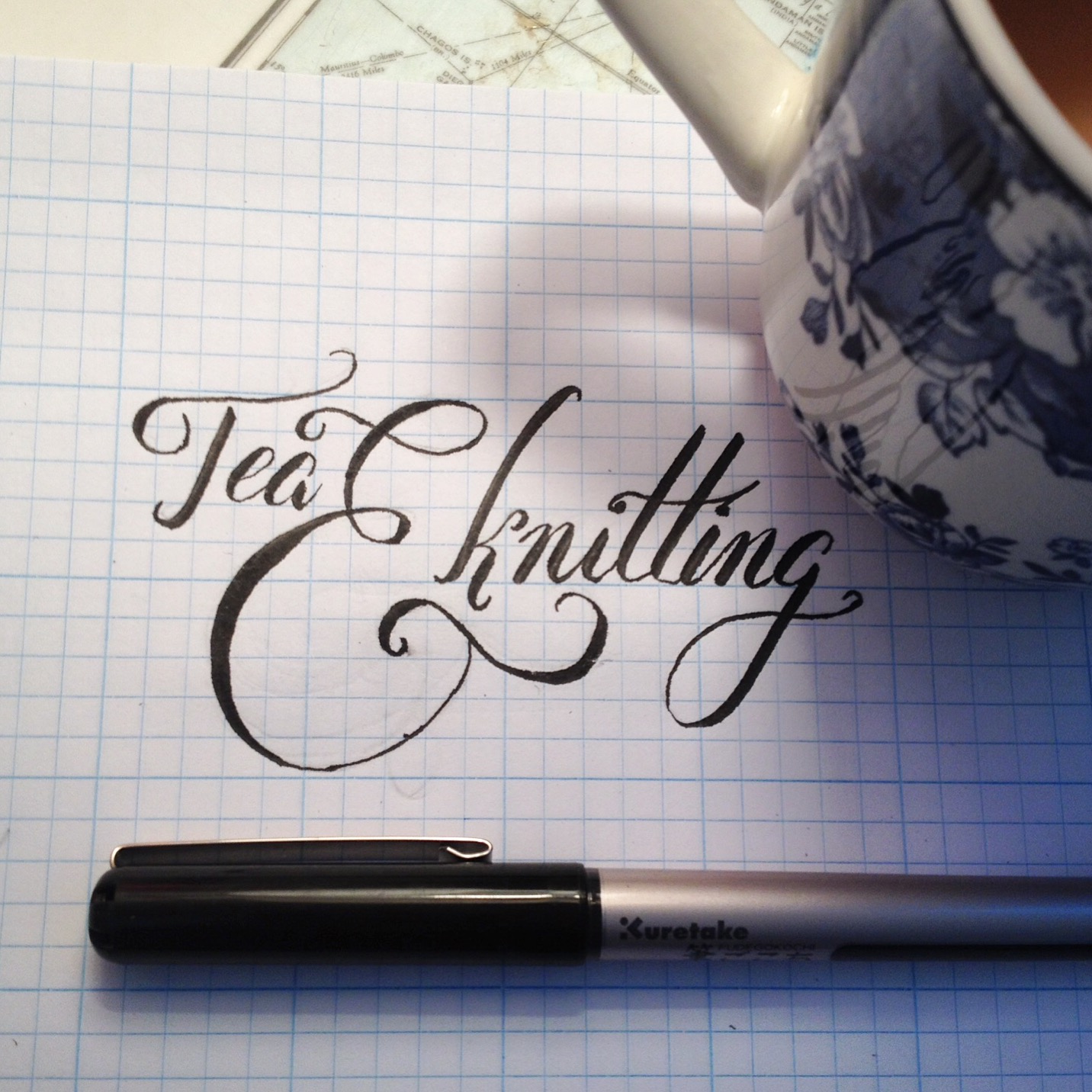 hand lettering tea and knitting practice on graph paper kuretake