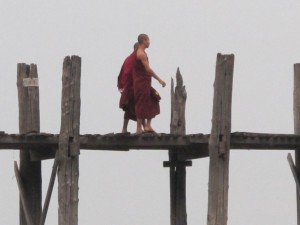 Monks on U Bein bridge (photo by Maia Coen)