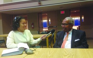 Ernest Green spoke at Hofstra on Tuesday about his experience being one of nine African American students to attend the Little Rock high school in Arkansas. He spoke with a member of student media before the event, Jeanine Russaw, pictured above. Photo by Briana Smith