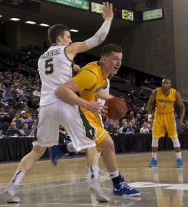 Chirs Owens/The Chronicle  Gustys battles inside during Hofstra’s CAA semifinals meeting vs. the Tribe.