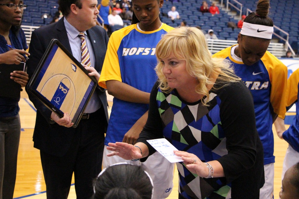 Cam Keough/The Chronicle Head coach Krista Kilburn-Steveskey received her 163rd win at the helm of the Hofstra women's basketball team.