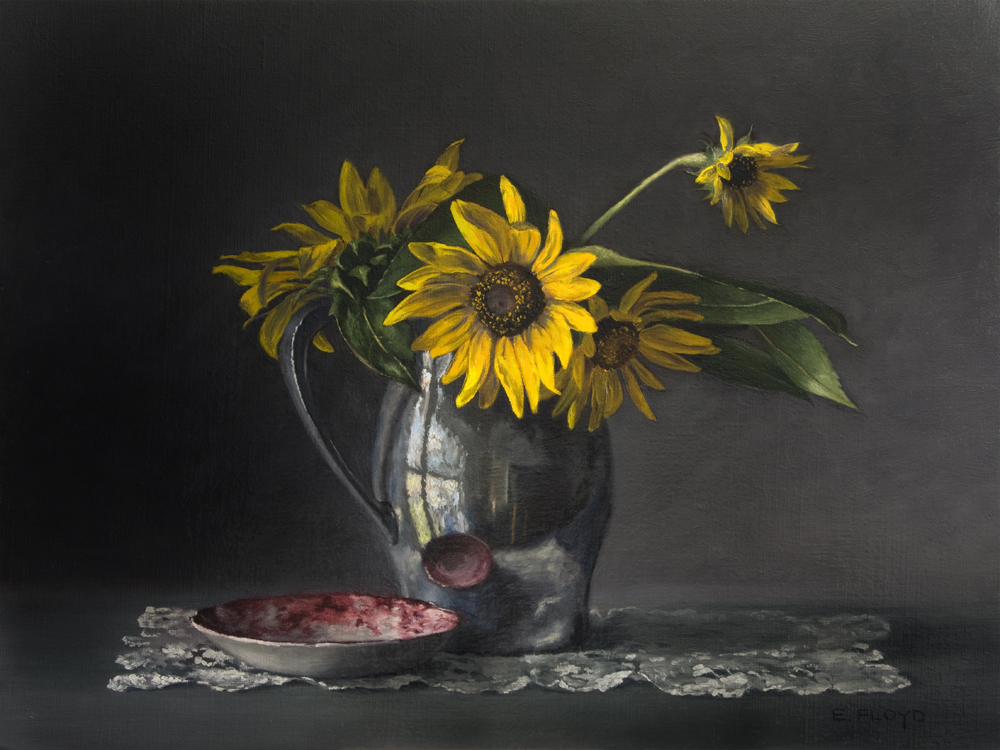 Pewter Reflections and Sunflowers by Elizabeth Floyd, 18x24 inches, oil on linen