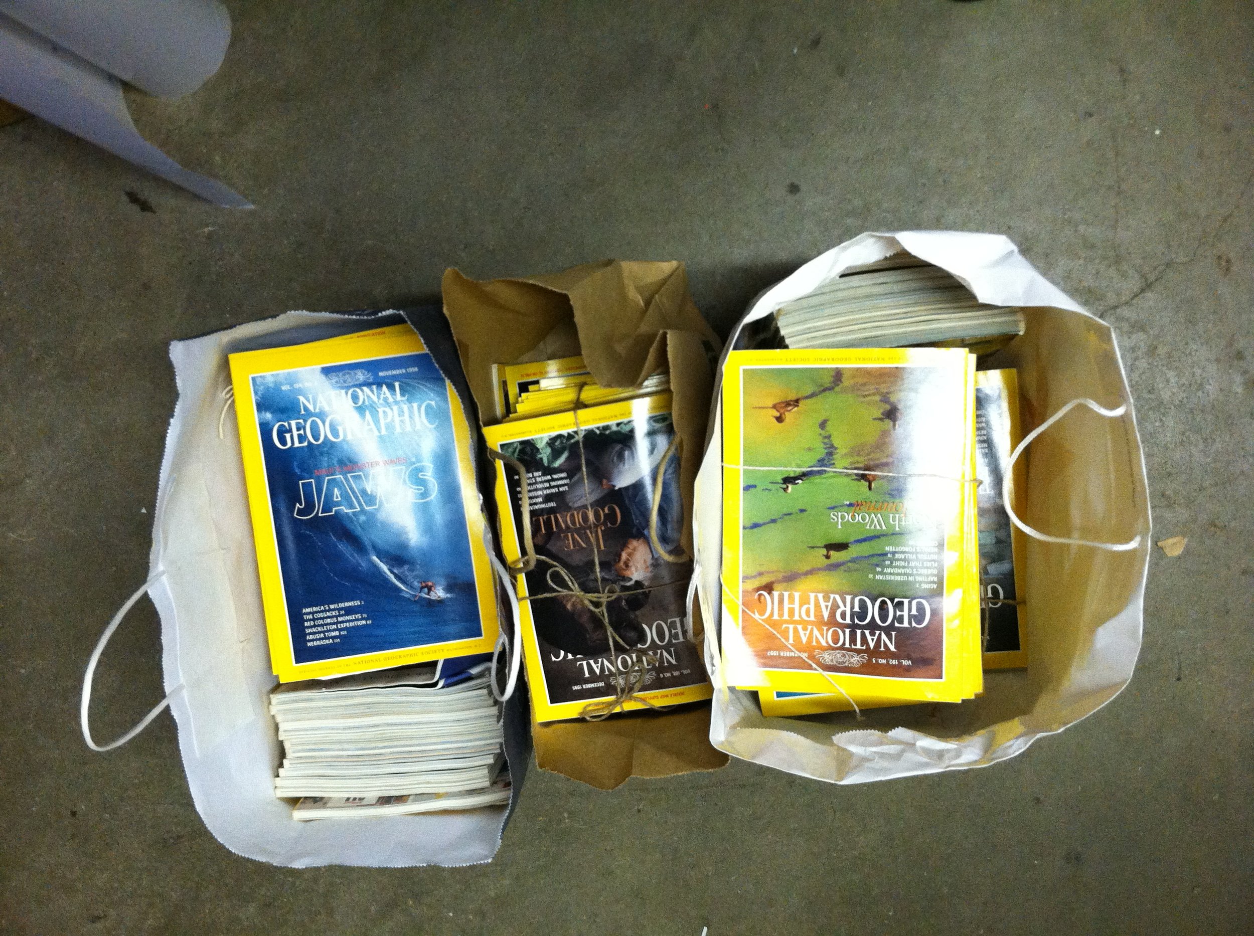 My Mother's National Geographic Magazines heading to the Scrap Box in Ann Arbor