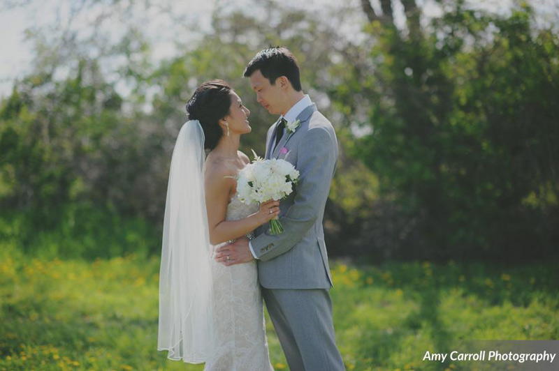 misty farm couple with ivory bouquet