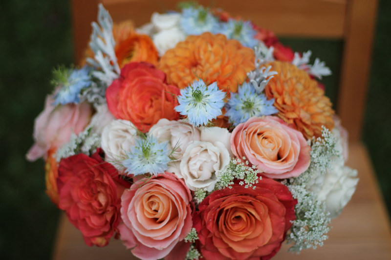 orange peach blush pink blue bride bouquet