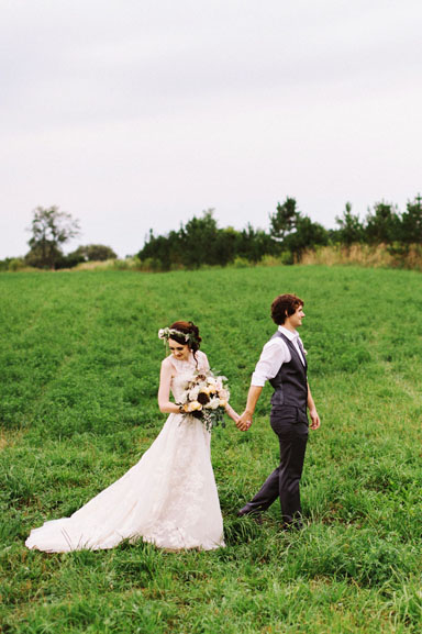 misty farm wedding couple