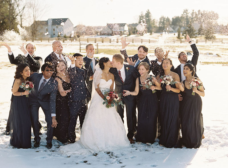 wedding party in the sun and snow