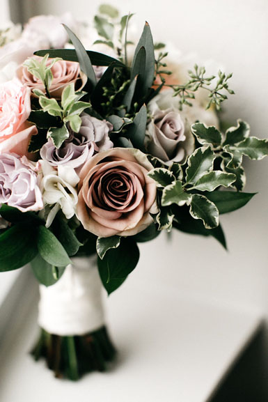 winter wedding bouquet in mauve pink and white