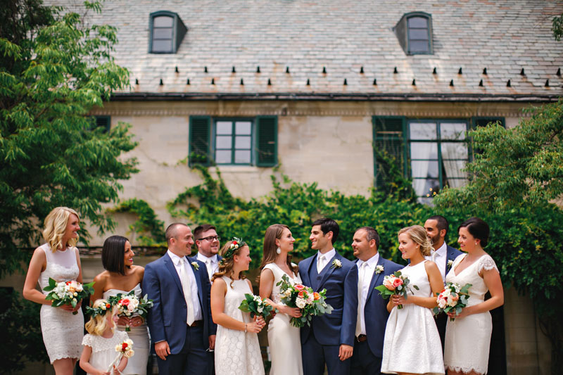 wedding party in ivory and navy at earhart manor