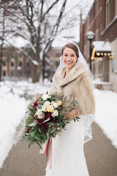 winter bride bouquet in blush and burgundy and merlot