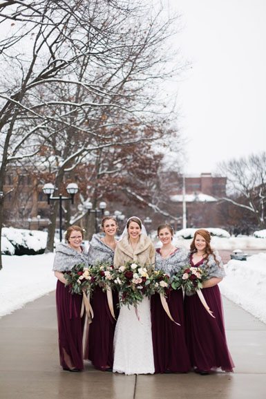 bridal party in burgundy and blush