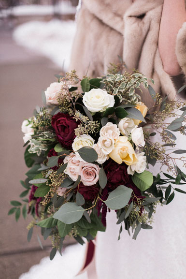 bridal bouquet in blush and burgundy