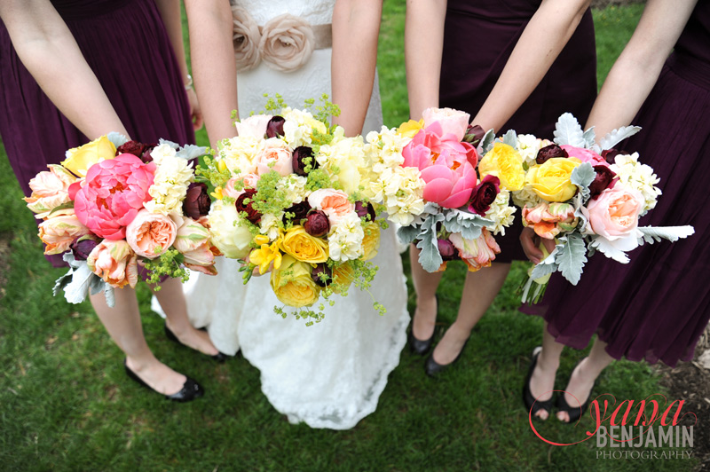 spring burgundy and yellow wedding flowers in Ann Arbor Michigan
