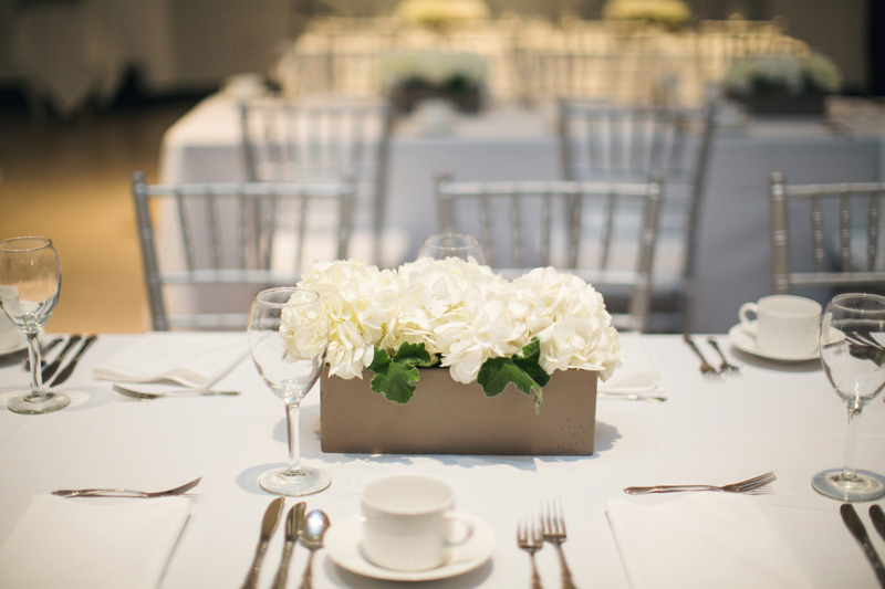 white hydrangea centerpiece for wedding at UMMA