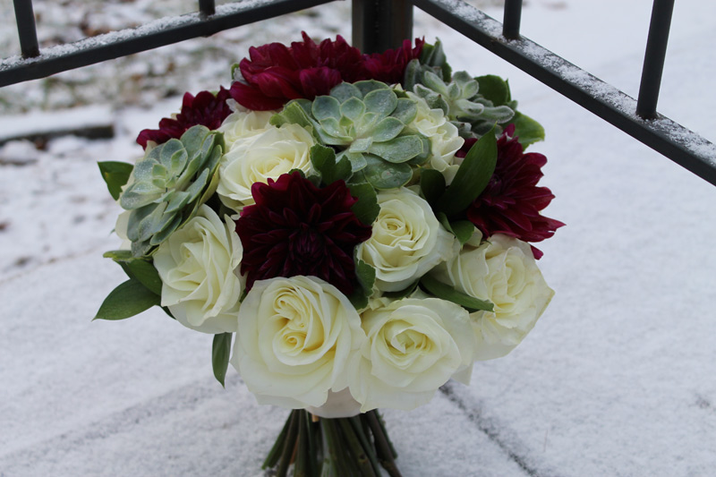 winter wedding bouquet burgundy white and green