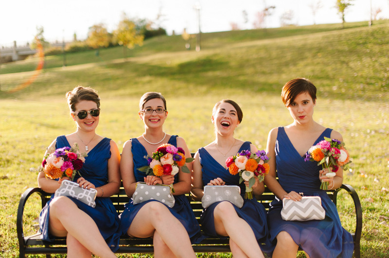 stylish bridesmaids on park bench, autumn ann arbor wedding