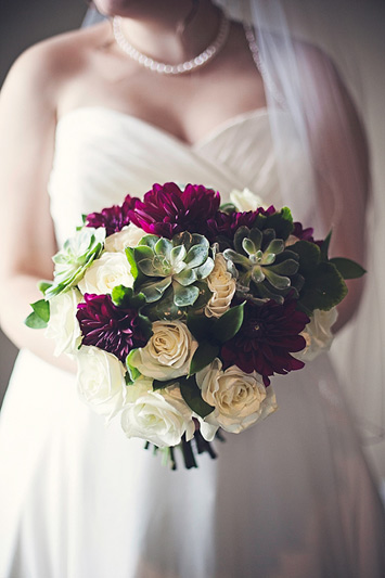 winter wedding bouquet of succulents and dahlias