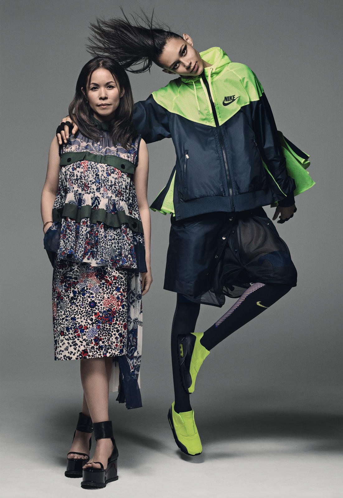 Chitose Abe wearing sacai and Binx wearing the NikeLab x sacai Collection from February 2015. Photography: Craig McDean. Styling: Karl Templer. 