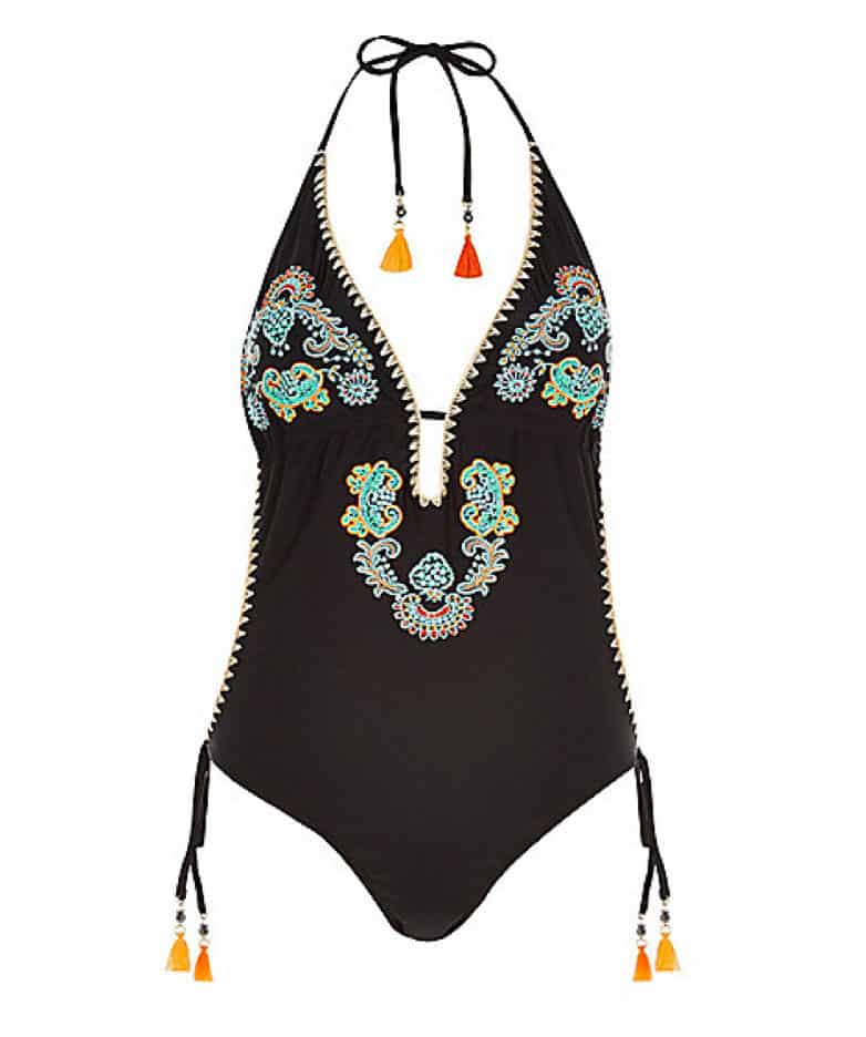 Black embroidered plunge swimsuit, £40, River Island. www.riverisland.com 