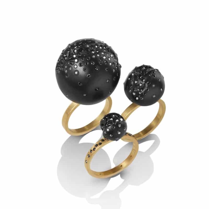 JACQUELINE CULLEN. Whitby Jet Ball Ring with Black Diamonds, from £1,130. www.lamaisoncouture.com 