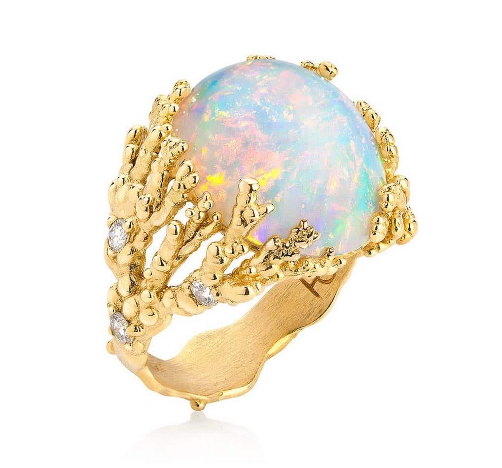 ORNELLA IANNUZZI. Coralline Atoll ring with opal cabochon and diamonds set in 18d gold. £8,800. http://ornella-iannuzzi.com