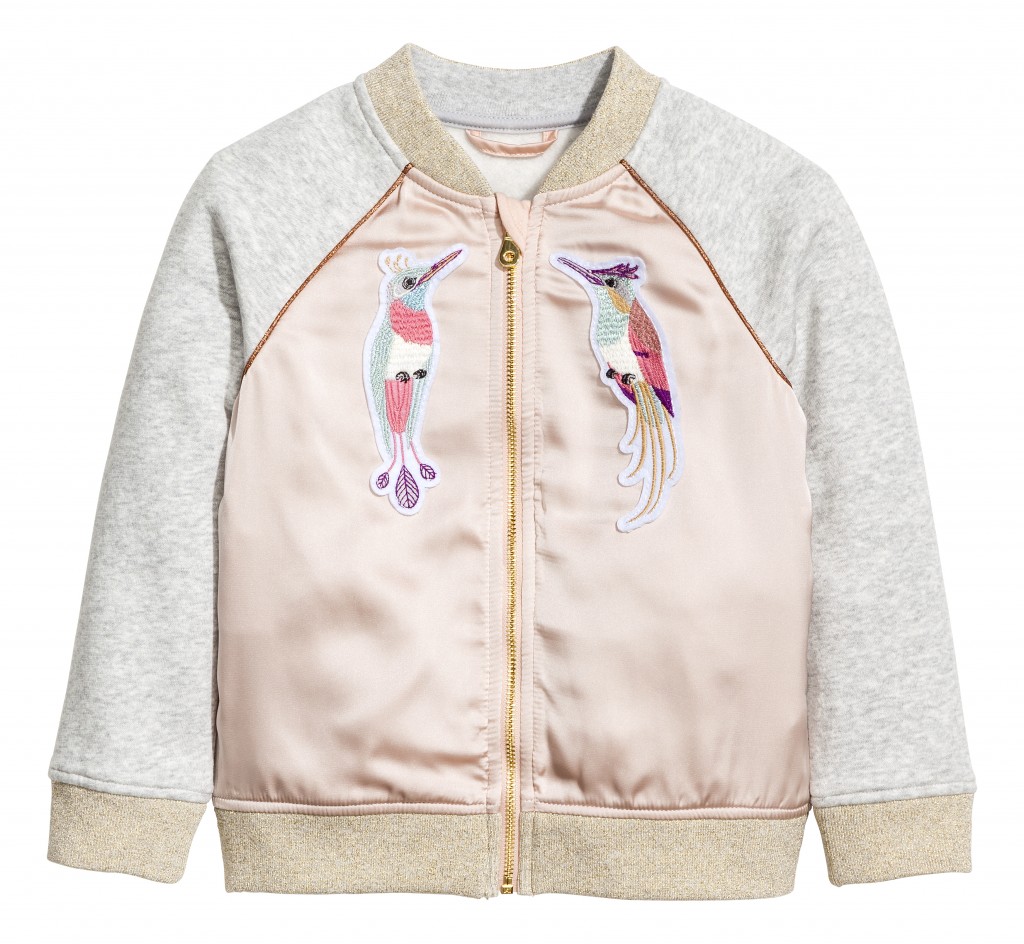Lovely birds on a gray and pink jacket