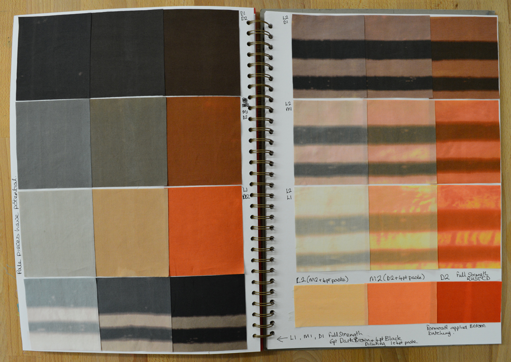 Colour family made with a 60/40 Dark Brown/Black blend and Rust. Each colour was also discharged using Formosol.