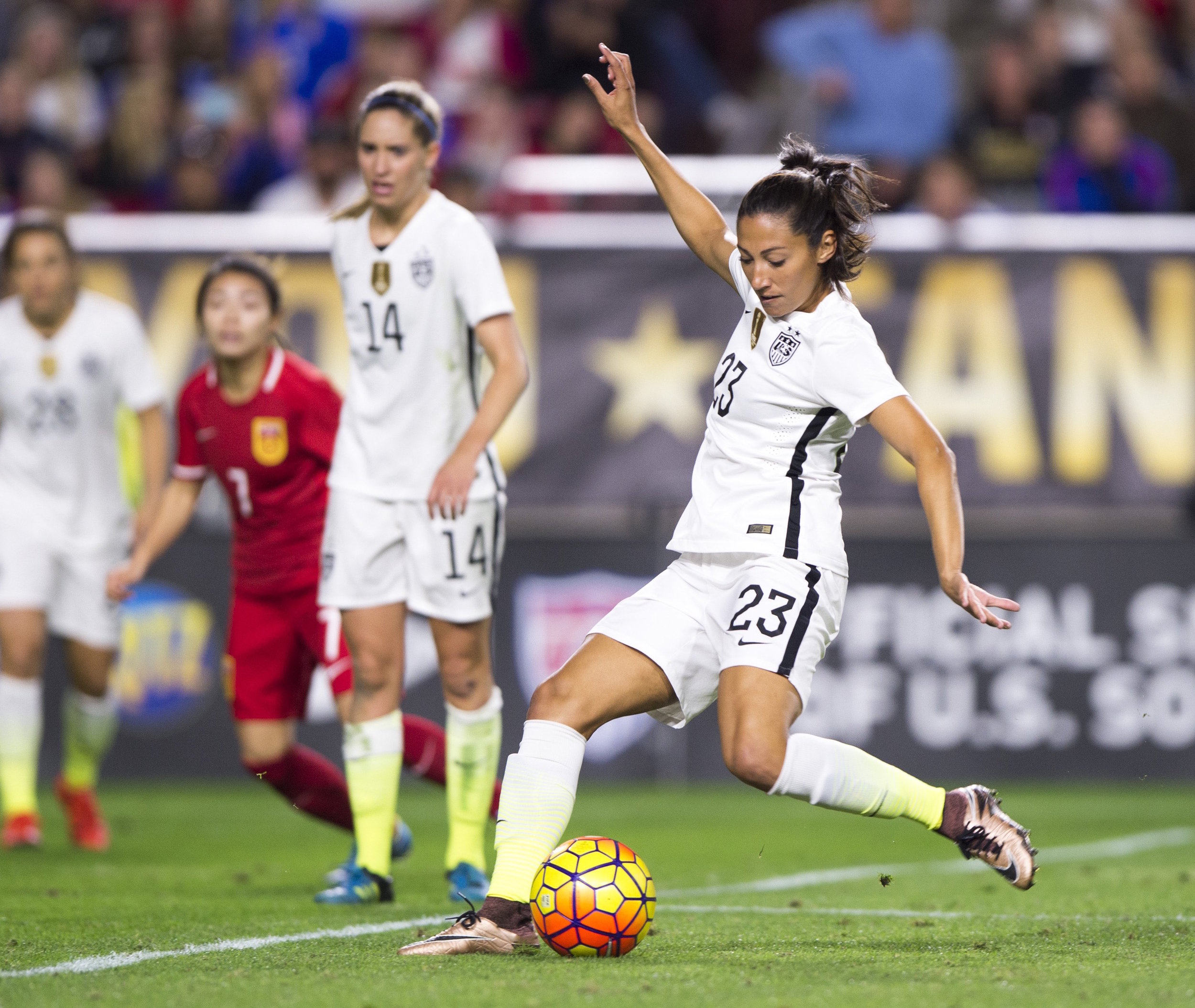 Christen Press-- Phoenix, AZ - December 13, 2015: The USWNT defeated China 2-0 during the Victory Tour at University of Phoenix Stadium. Photo by Brad Smith