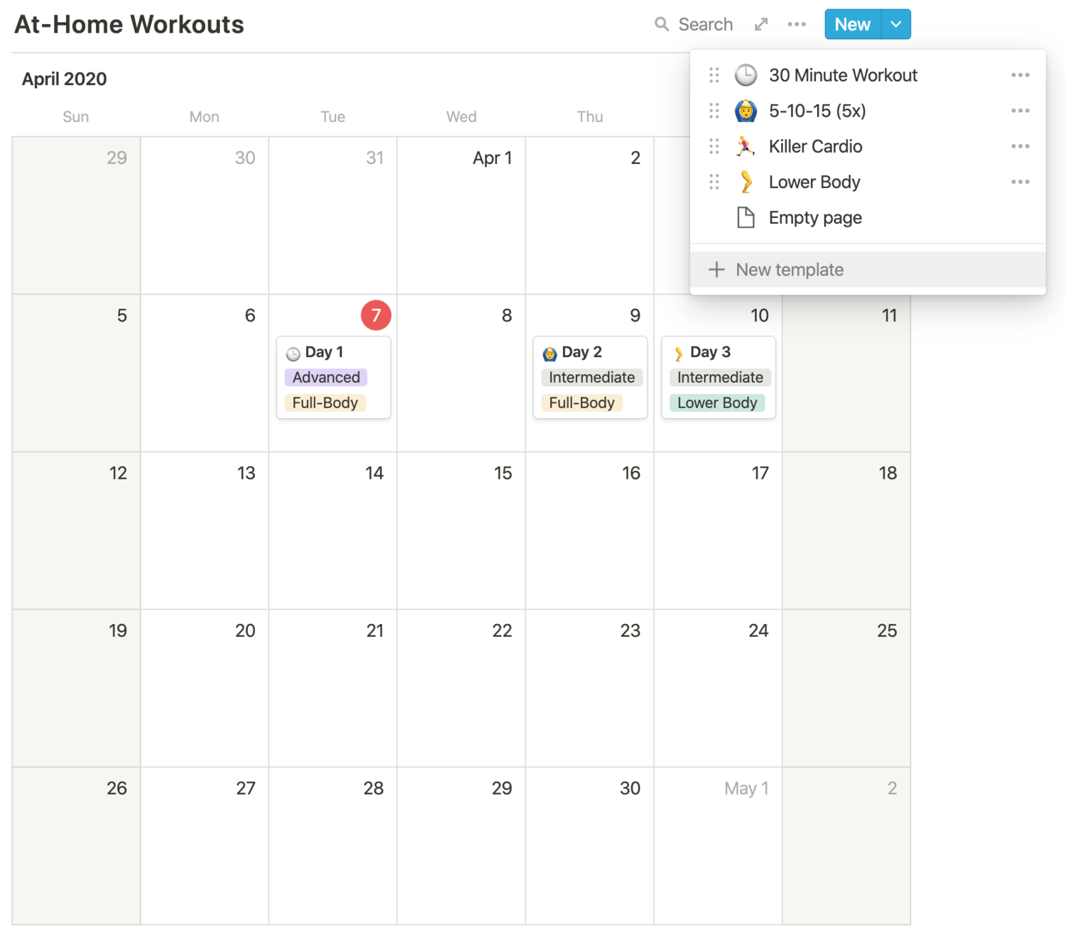 Notion Fitness Calendar With AtHome Workout Templates — Red Gregory