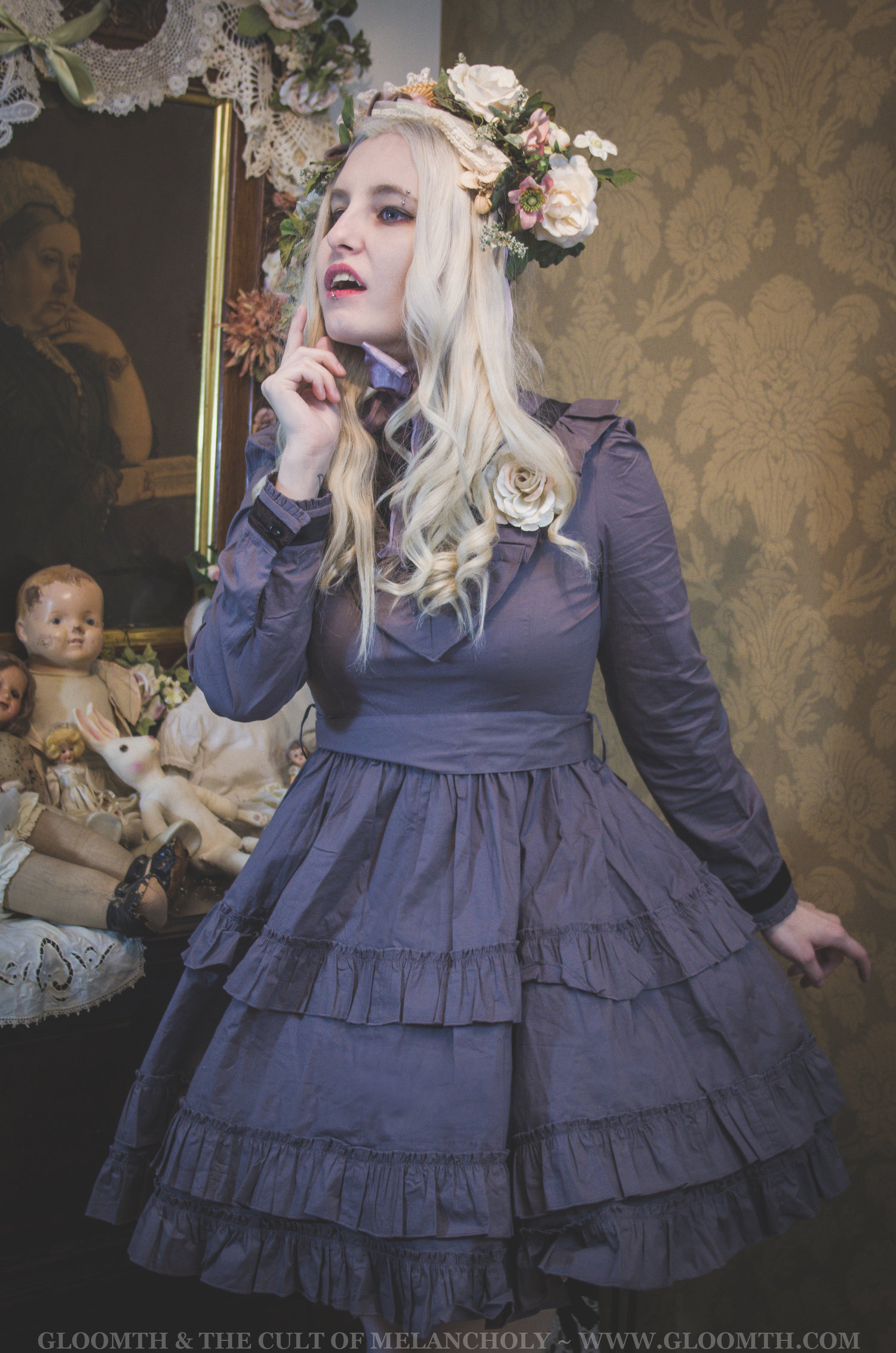 Grey Gothic Victorian Dress with Velvet Details — Gloomth