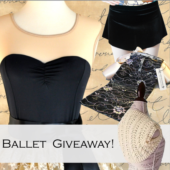 It's an all ballet giveaway! Enter now for you chance to win a selection of handmade ballerina essentials, worth a total of $140. Grand prize includes an Entrechat Dance Aurora leavers lace ballet shoe bag, a gorgeous black and beige mesh leotard from The Accidental Artist, Sarah Arnold, a hand-knit ballet shrug by Cirencester Abbey, and a lovely stretch velvet ballet skirt by Reverence Dancewear.