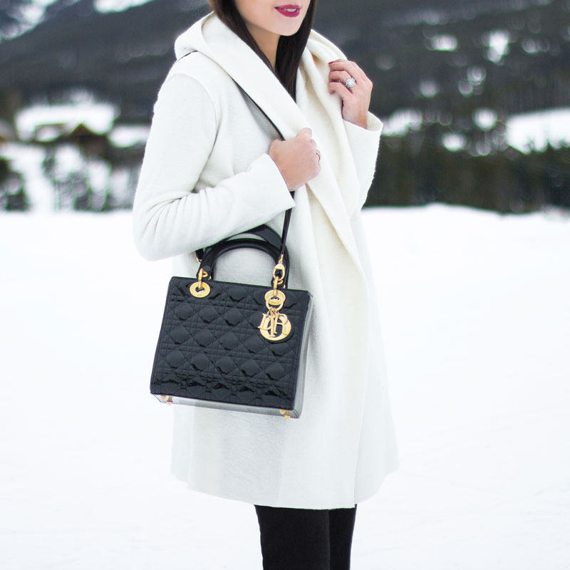winter white wool coat Christian Dior Patent Leather Lady Dior Handbag Christian Louboutin black calf leather suede cutout Romy boots