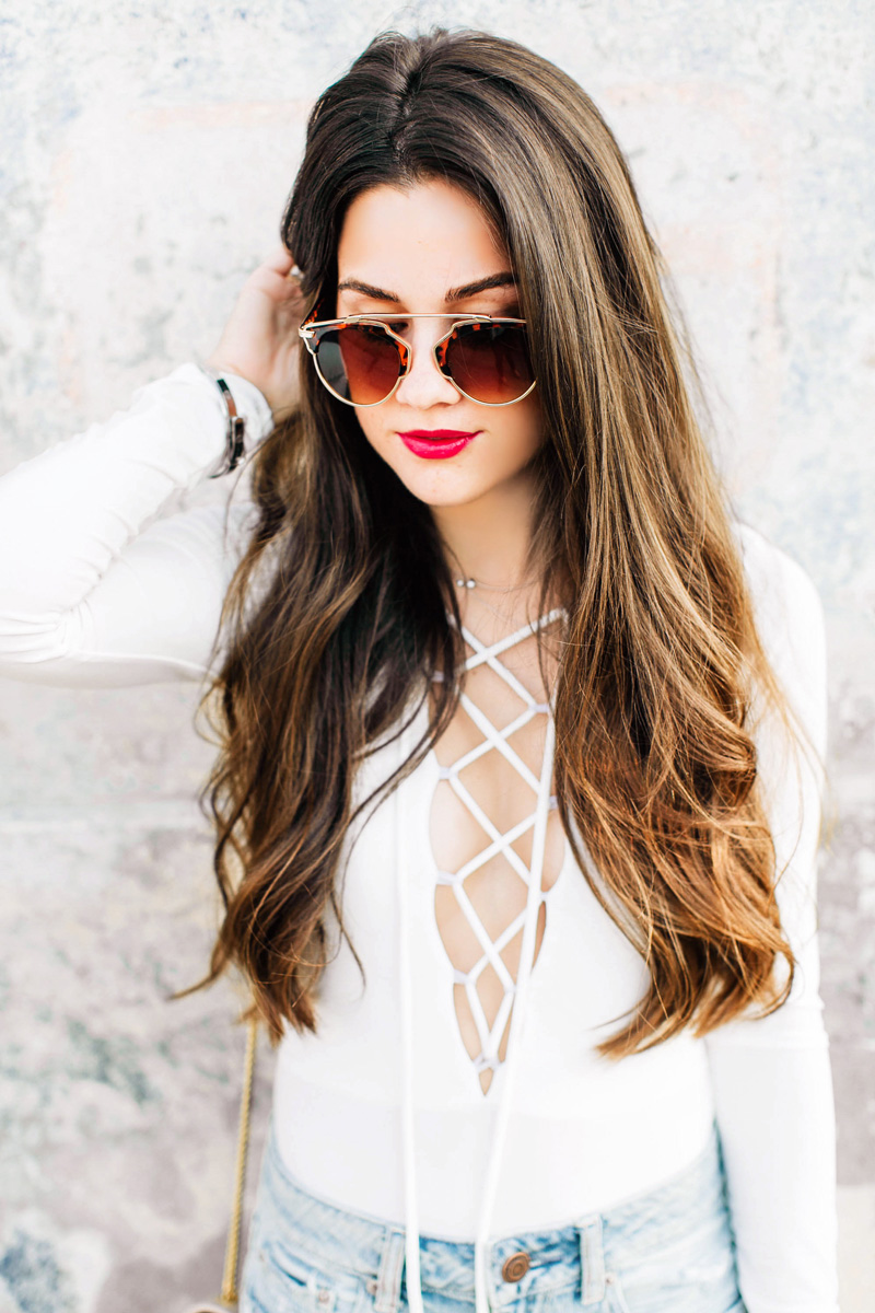 White lace up front Bodysuit Dior So Real 48mm Sunglasses