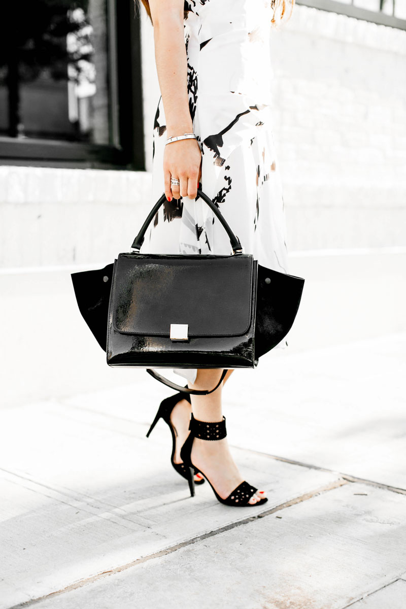 Back To The Basics In Black & White Marble Print Drape Midi Dress Celine Trapeze Handbag
