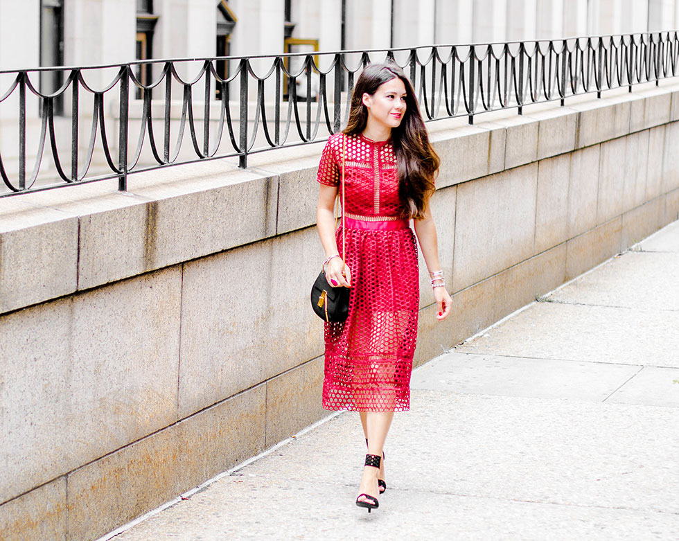 NYFW Day One Red Short Sleeve Lace Midi Dress