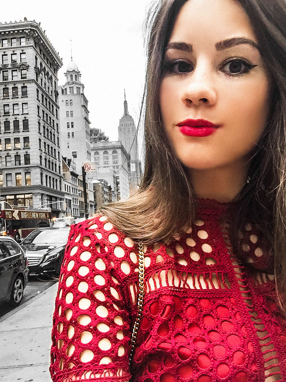 NYFW Day One Red Short Sleeve Lace Midi Dress