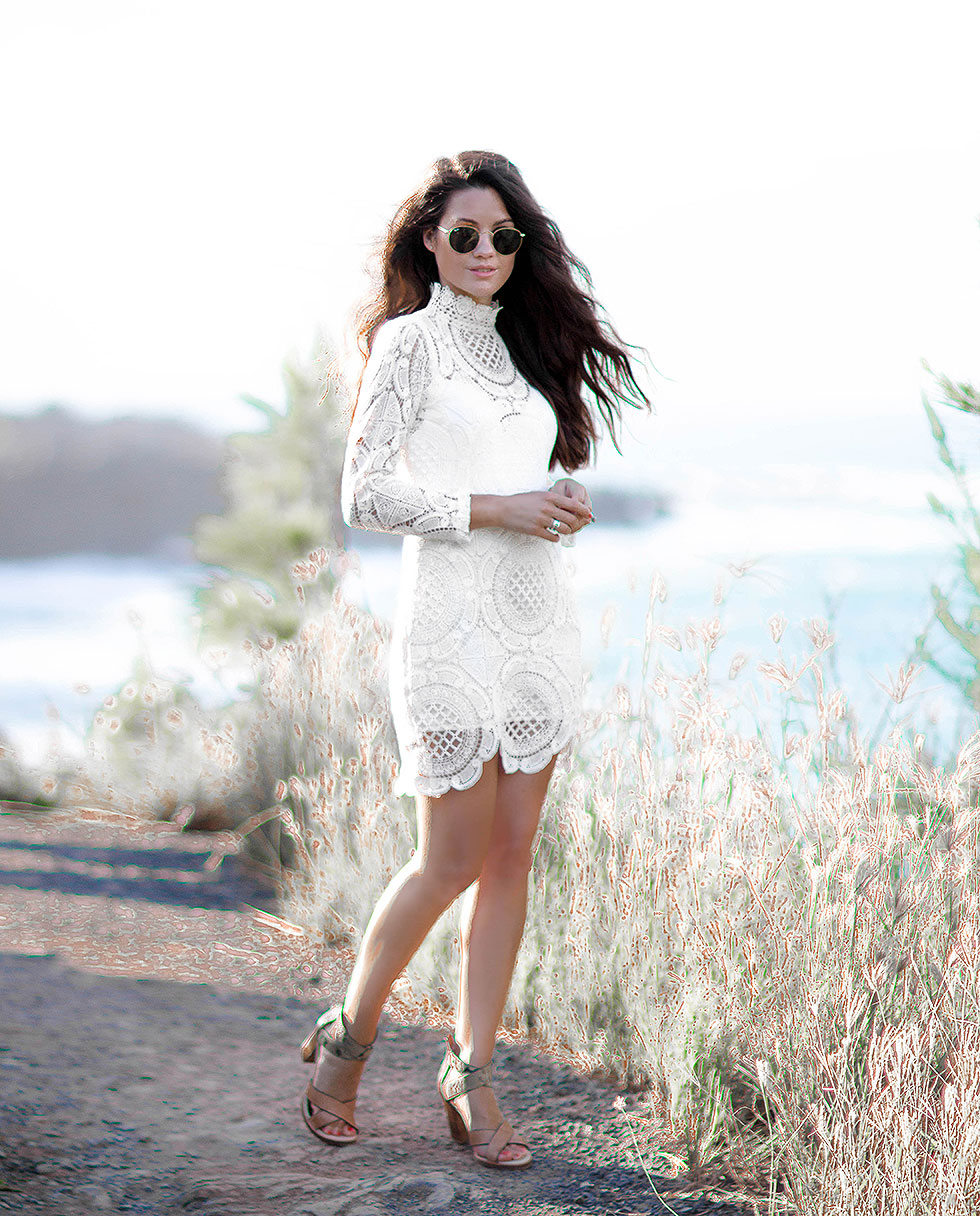 White Long Sleeve Hollow Lace Dress
