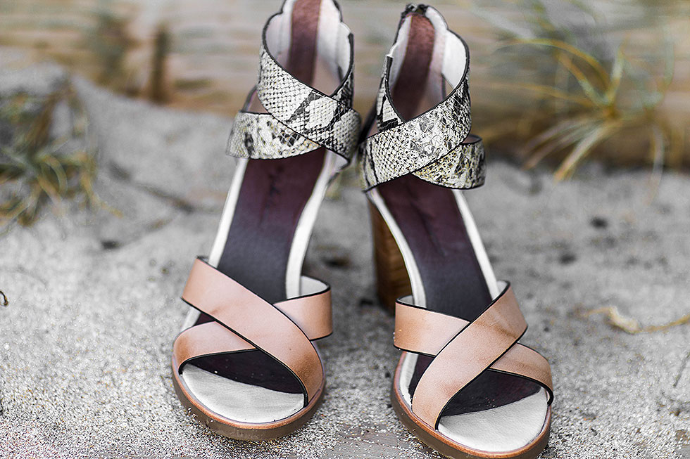 Tommy Bahama Lavina Leather Sandals with crisscross exotic snakeskin motif and stacked heels