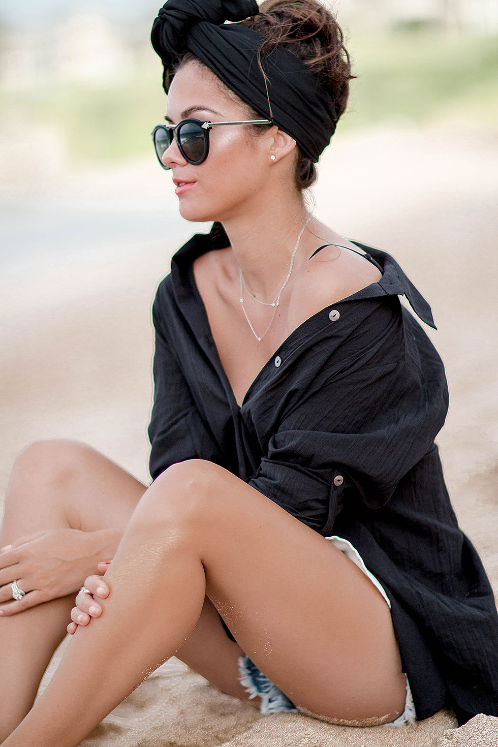 Tommy Bahama Boyfriend Shirt Cover-Up Beach Outfit Maui, Hawaii Karen Walker Harvest Superstars round-frame acetate sunglasses
