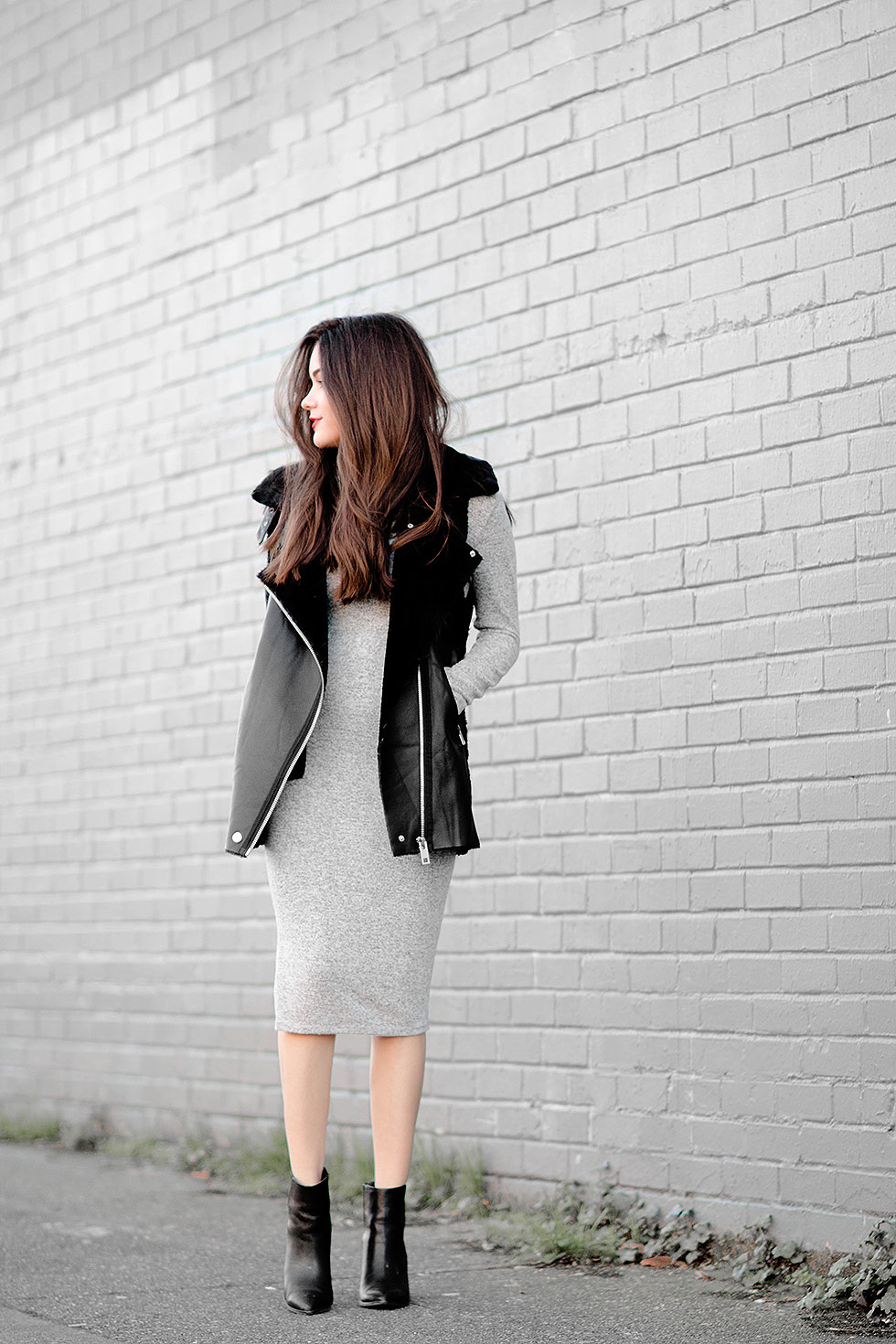Shearling Leather Biker Vest, Heathered knit cowl neck sweater dress midi length, How To Do Weekend Minimalist Dressing