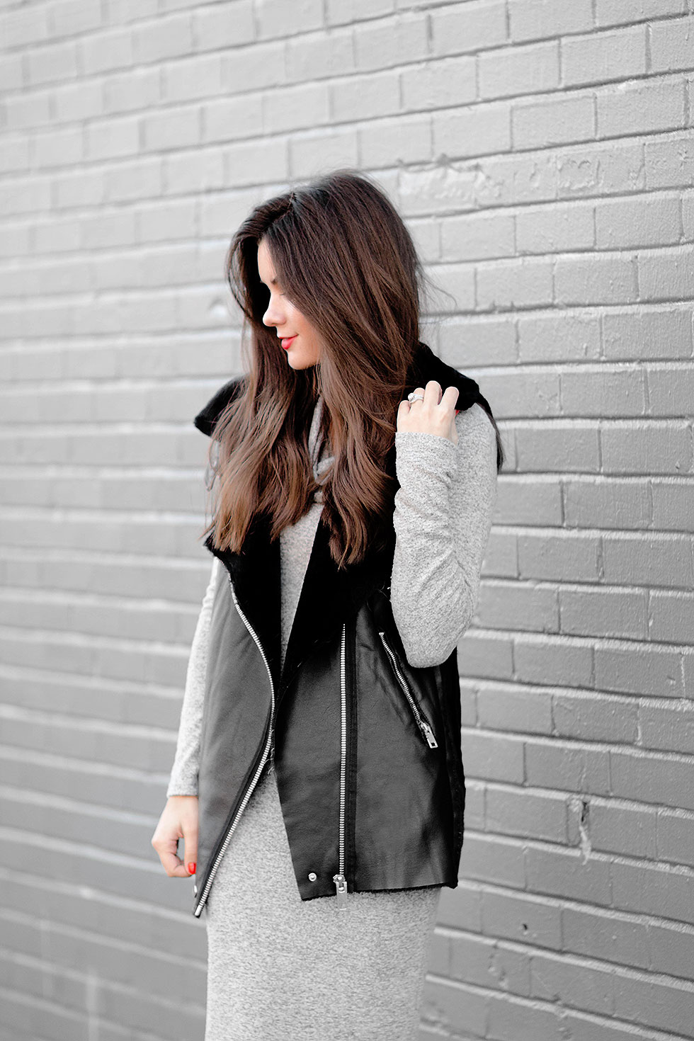 Shearling Leather Biker Vest, Heathered knit cowl neck sweater dress midi length, How To Do Weekend Minimalist Dressing