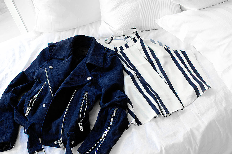 spring weekend outfit featuring stripes - Striped High Neck Crop Tank, Blank NYC Royal Blue Suede Moto Jacket