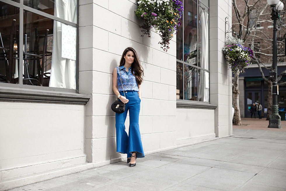 How to wear crop hi-lo flare jeans - a contemporary take on 70's bell bottoms featuring Diane Von Furstenberg blue ombre lace Vida top and Hi-lo Flare Jeans