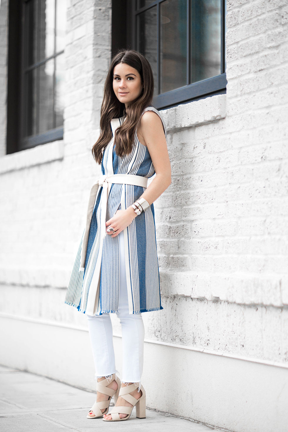 How to wear a belted stripe vest this spring featuring Lafayette 148 New York Fergie Belted Striped Vest