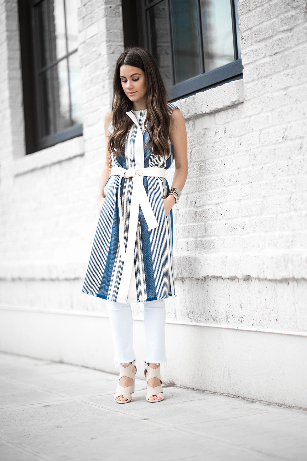 How to wear a belted stripe vest this spring featuring Lafayette 148 New York Fergie Belted Striped Vest