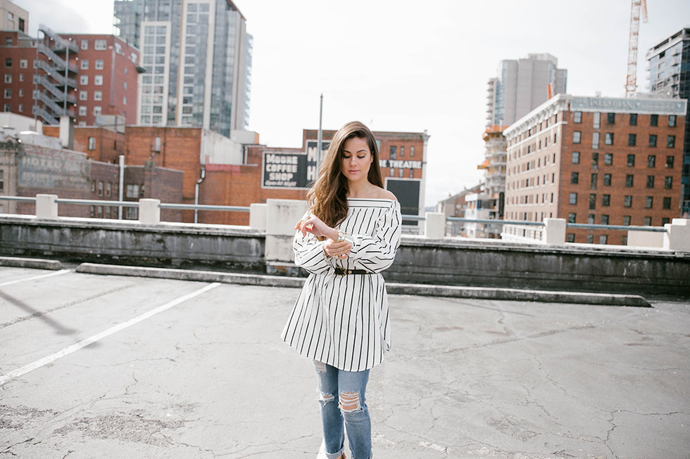 How to wear the Striped Off-the-Shoulder Poplin Top this spring for a fresh and feminine spring look that is bold, yet classic - Spring Outfit by Seattle Fashion Blogger