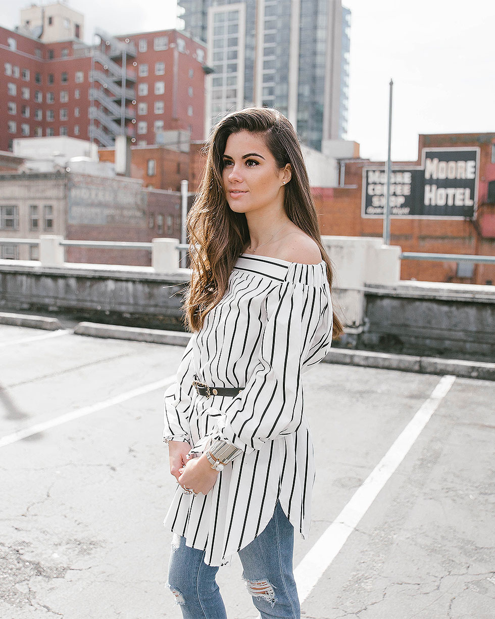 How to wear the Striped Off-the-Shoulder Poplin Top this spring for a fresh and feminine spring look that is bold, yet classic - Spring Outfit by Seattle Fashion Blogger