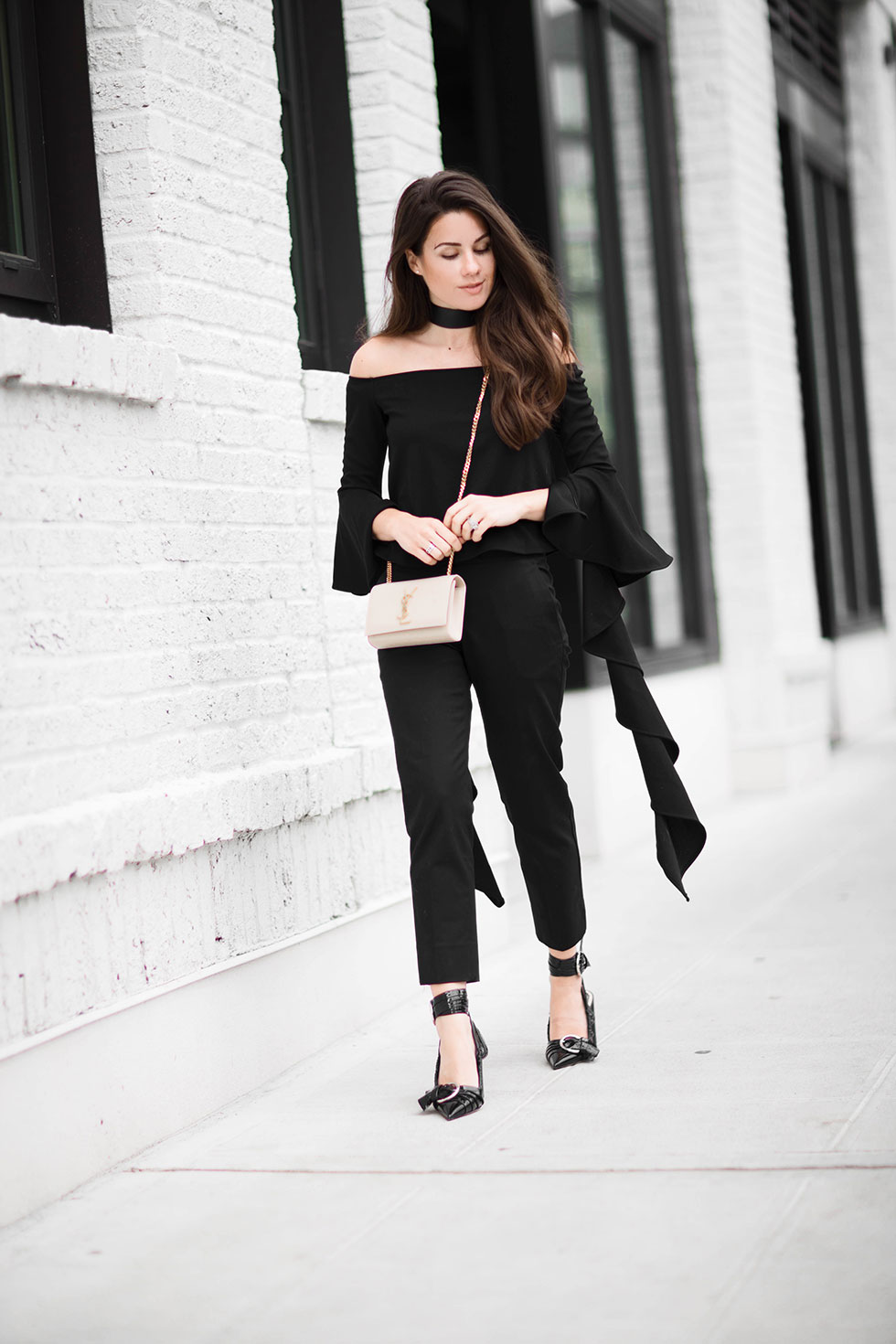 Your Not-So-Basic Guide to Rocking an Off-The-Shoulder Top - ELLERY RUFFLE SLEEVE OFF-SHOULDER TOP, Dior Black patent calfskin slingback pump Line from the Summer 2016 catwalk show, All Black Outfit